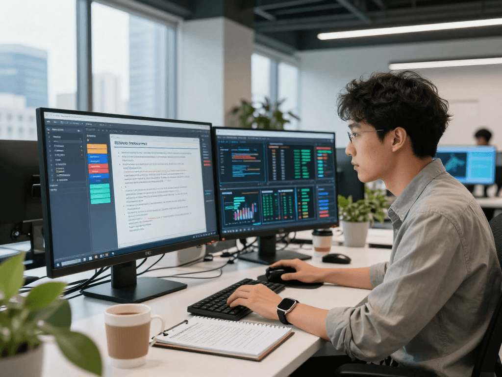 AI-driven document fraud detection analysis in a modern workspace showcasing software interfaces and data insights.