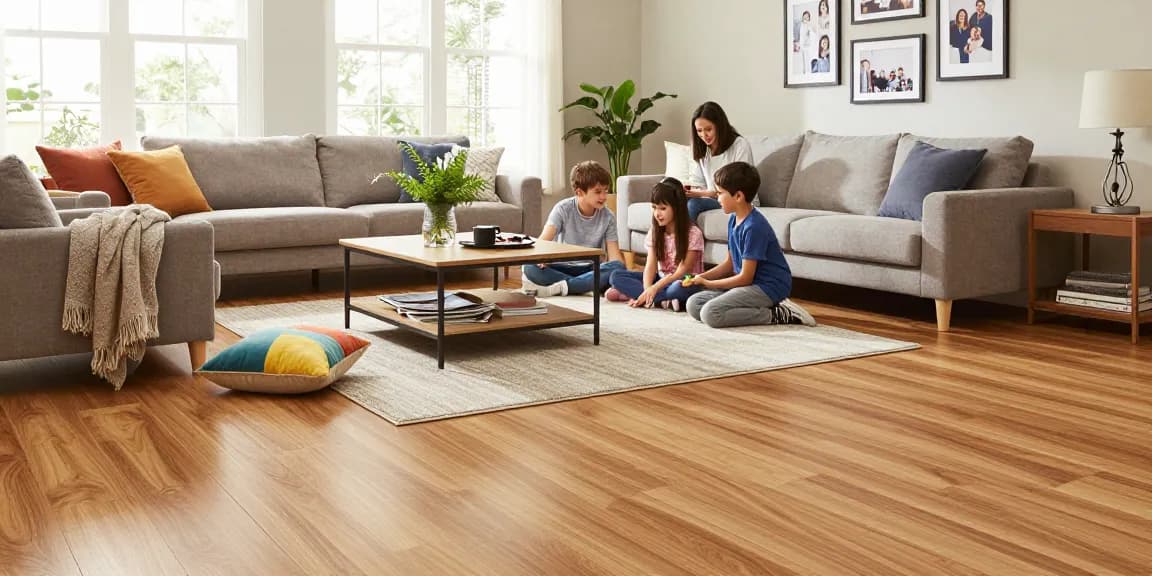 Family enjoying time in a stylish living room with easy to maintain flooring options that enhance the cozy atmosphere.