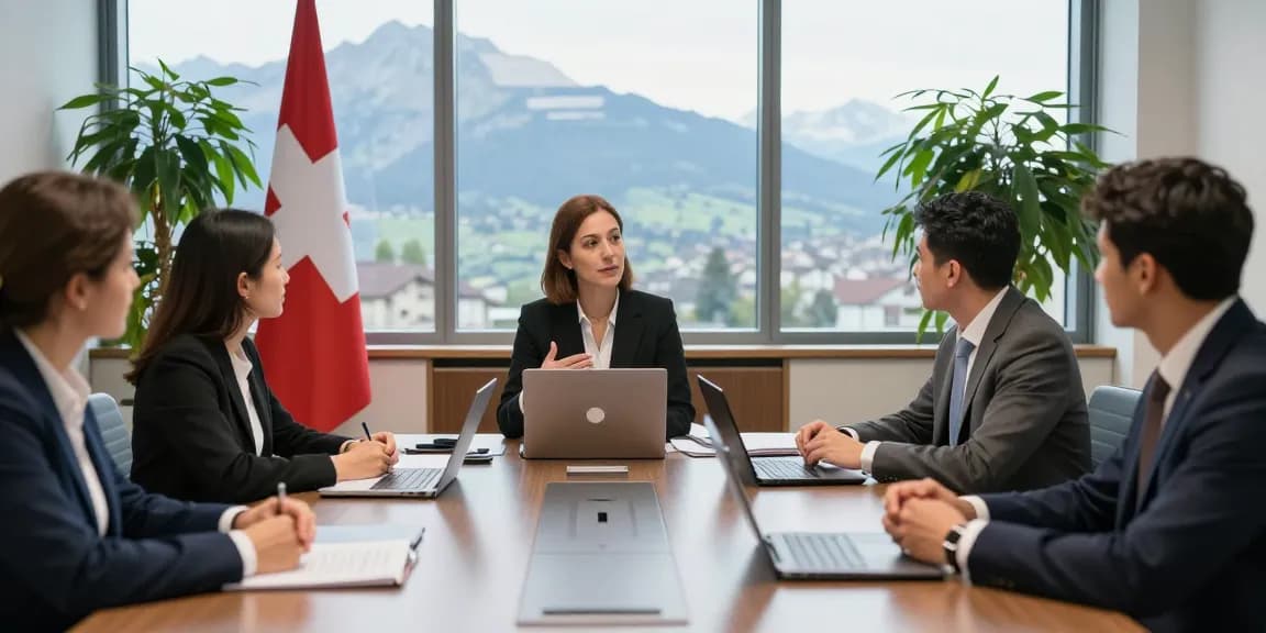 This Swiss law firm exemplifies professionalism with a diverse legal team advising clients in a modern Geneva office.