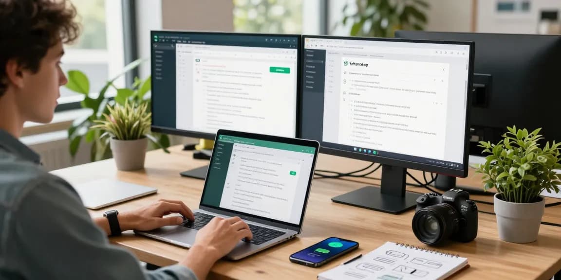 Using WhatsApp網頁版 on a laptop in a modern workspace with dual monitors and vibrant plants.