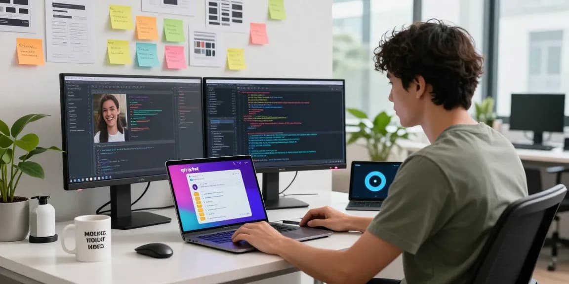 Engaging workspace showcasing spicychat AI interactions on a laptop, with vibrant chat interface and dual monitors.