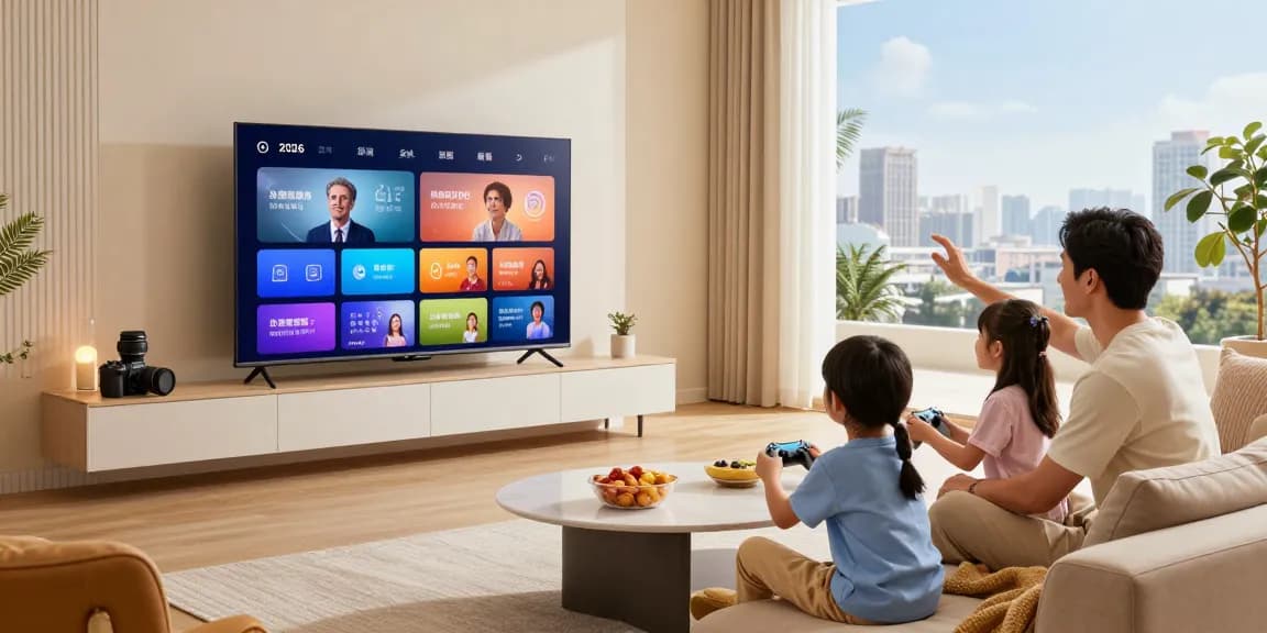 Family enjoying a smart TV 2026 in a modern living room surrounded by vibrant decor and snacks.