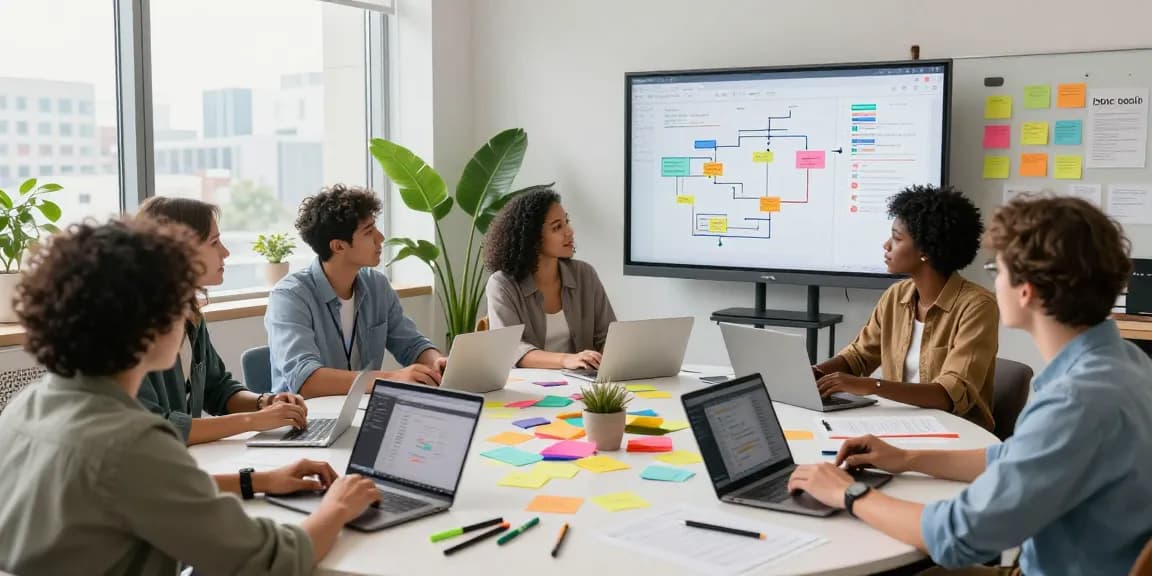 Collaboration scene showcasing diverse team using google mixboard in a modern office
