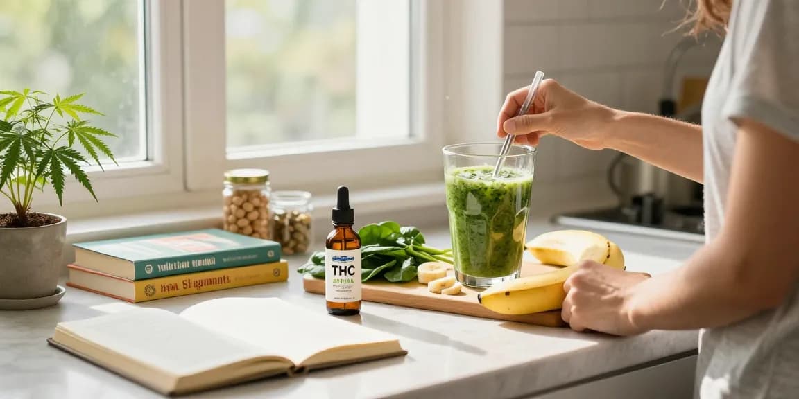 THC vape juice displayed amidst a vibrant wellness smoothie preparation scene emphasizing natural health and organic ingredients.