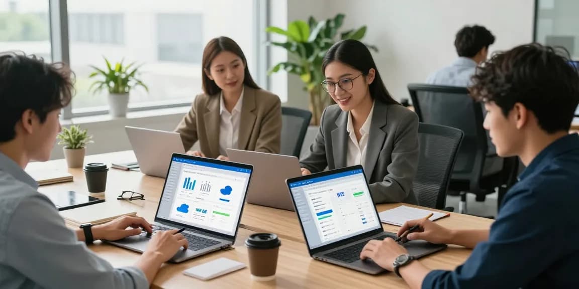 团队在现代办公空间中使用WPS Office软件进行高效协作,展示文档与分析