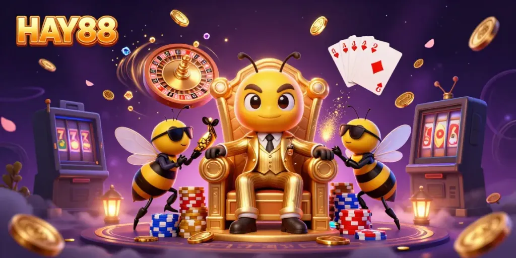 Experience thrilling gameplay with HAY88 as a bumblebee mob boss and sparkling casino elements.