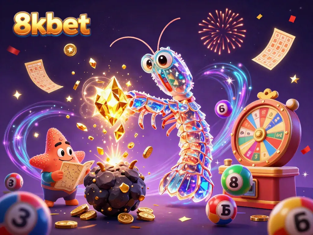 Experience the excitement of 8xbet with a galactic samurai mantis shrimp and a starfish navigating a vibrant casino scene.