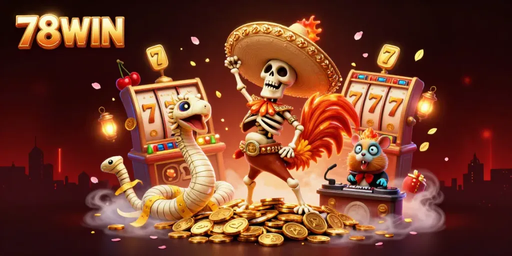 Experience thrilling wins at 78WIN with a vibrant casino scene featuring exciting characters and symbols.