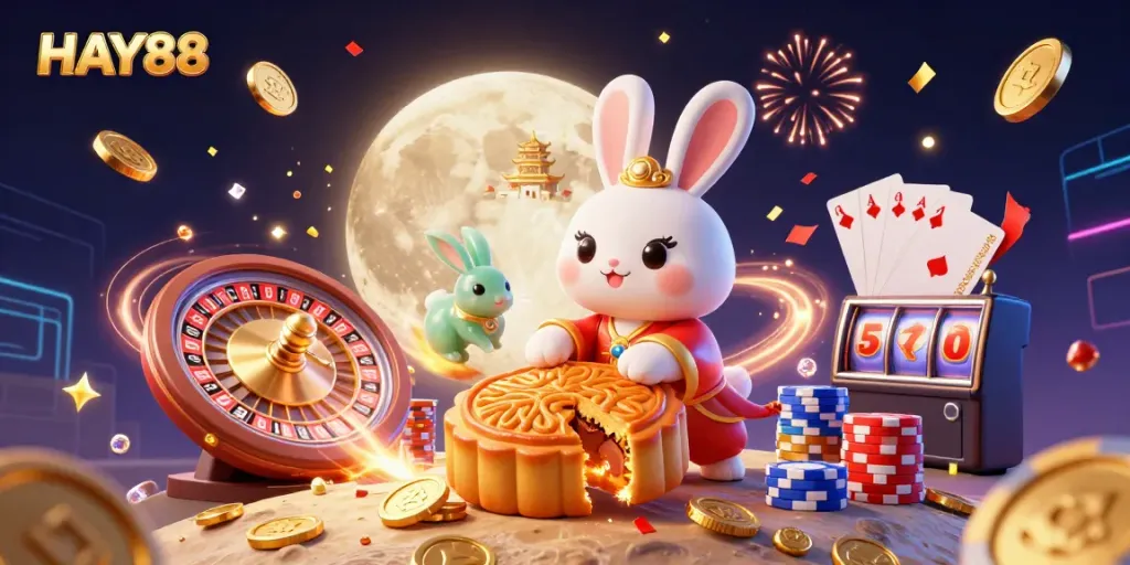 Experience HAY88's enchanting moon rabbit scene with dynamic casino elements and sparkling visuals.