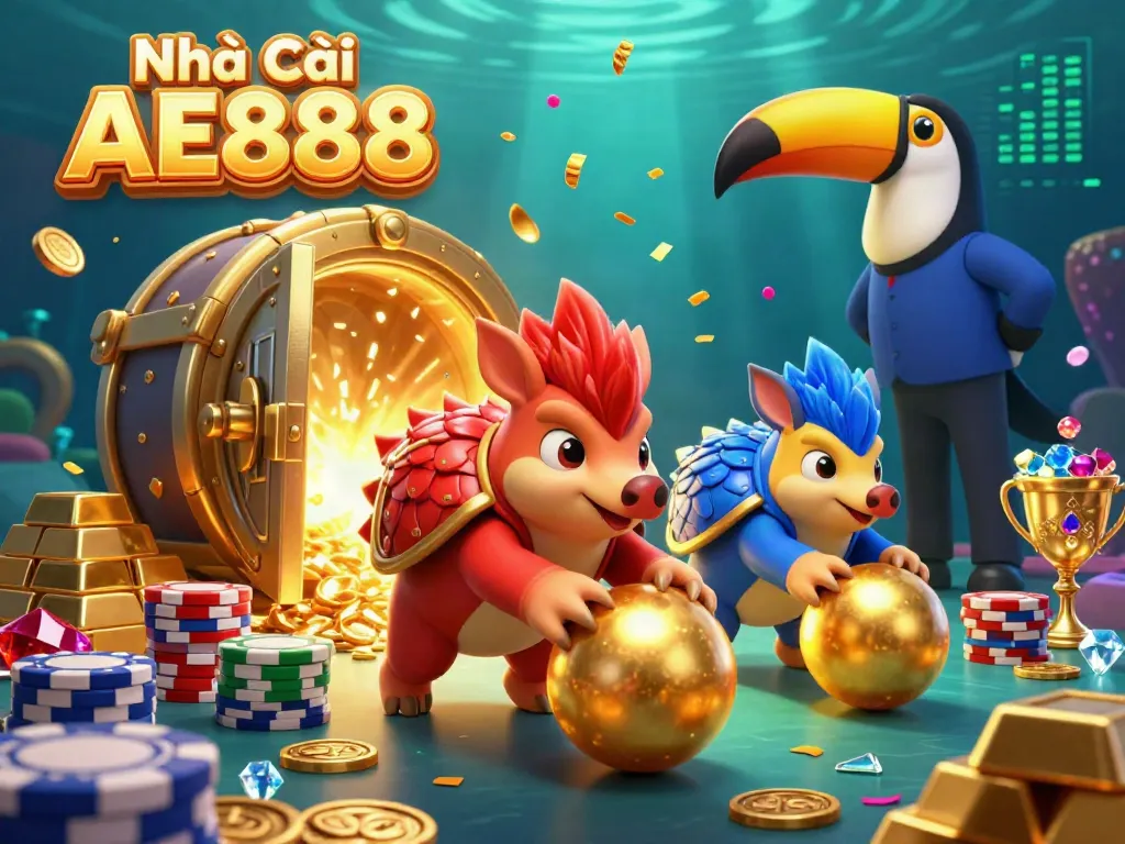 Engage with the vibrant scene showcasing Nhà Cái AE888, featuring rival pangolins in a thrilling poker game environment.