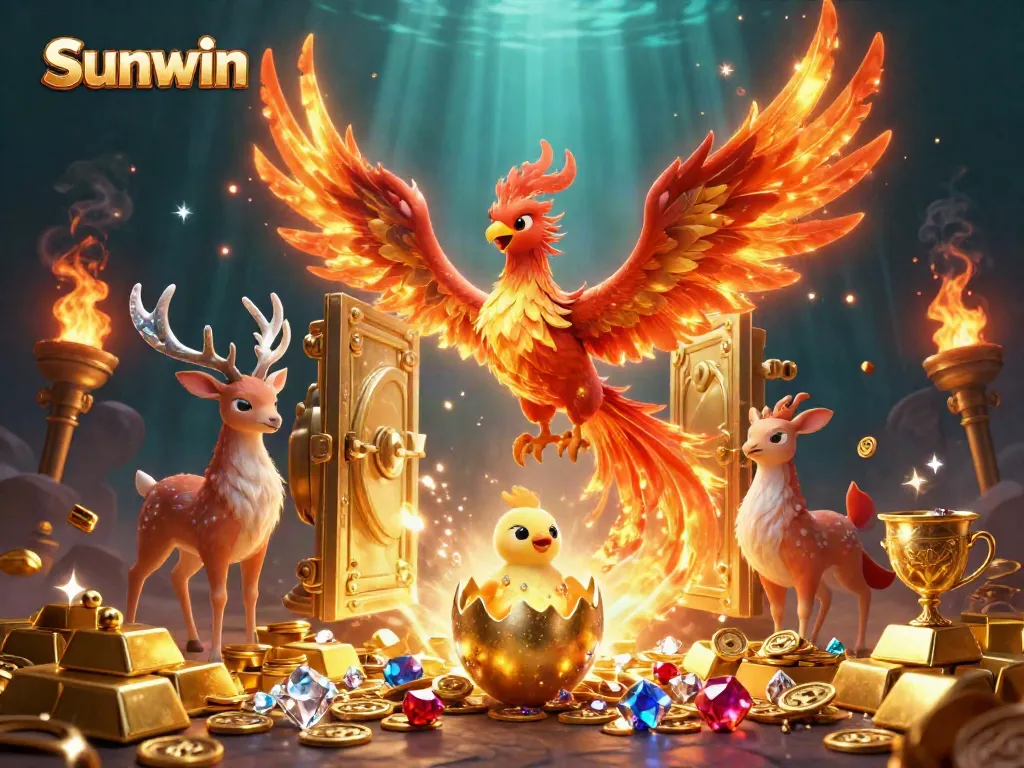 Experience the thrill of Sunwin with a vivid 3D gambling fantasy featuring mythical creatures and gold treasures.