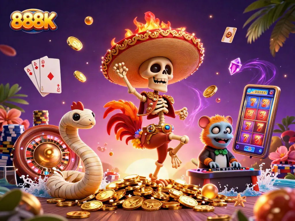 Engage with 888K at the vibrant casino scene featuring dancing characters and golden casino elements.