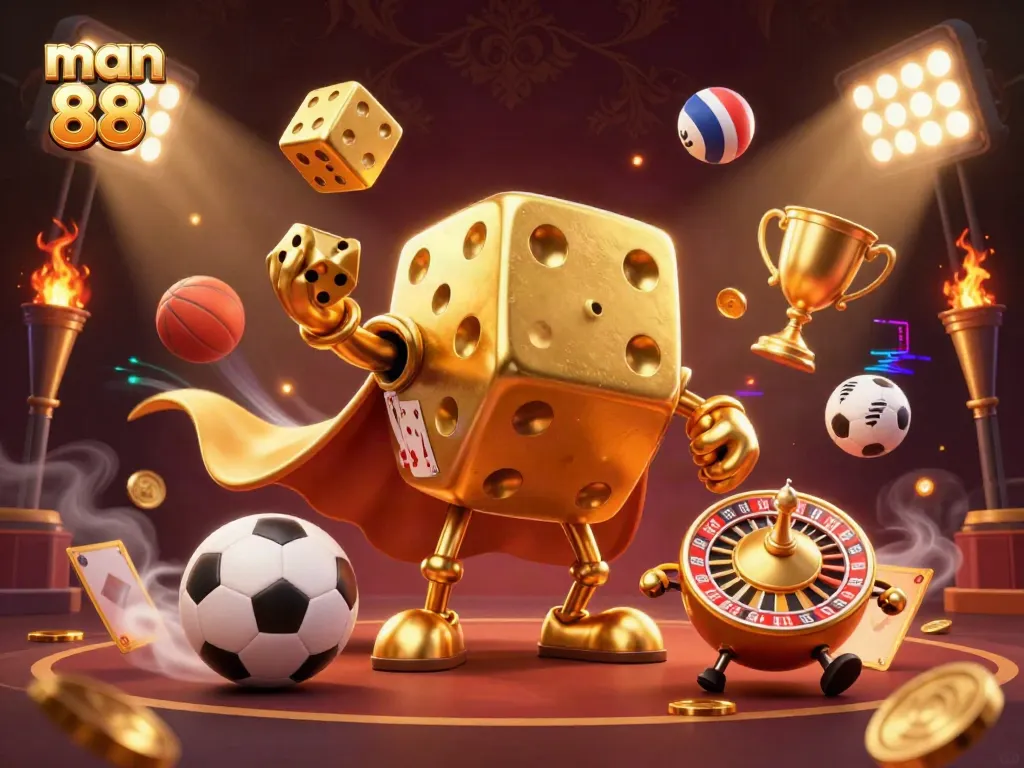 Engage in excitement with man 88 amidst lively golden dice, sports balls, and dynamic casino elements.