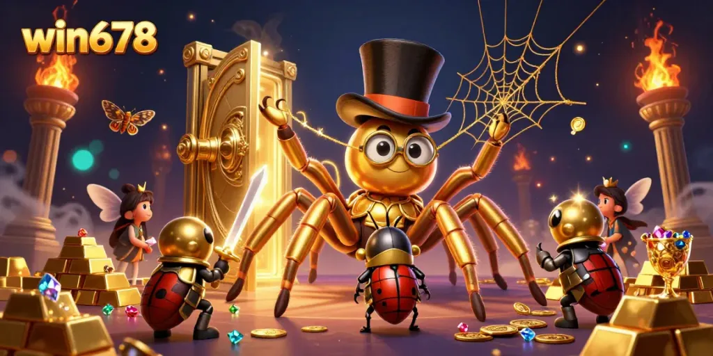 Win678's exciting casino adventures illustrated with lively characters and golden treasures.