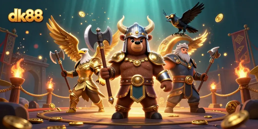 Win big with dk88 in this dynamic casino-themed illustration featuring vibrant characters and game elements.