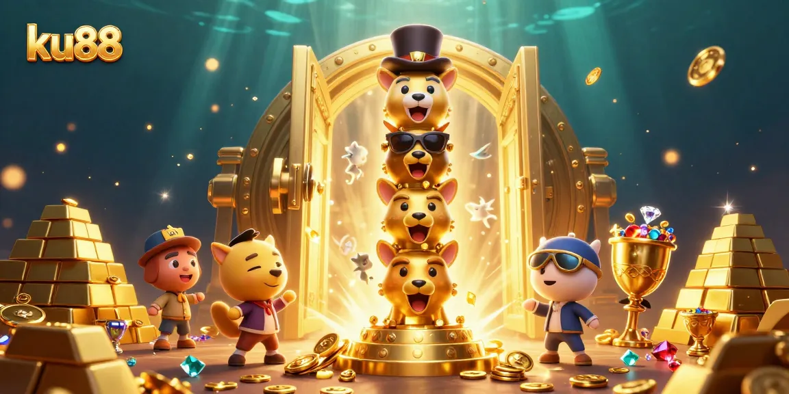 Play casino games at ku88 with golden treasure and a colorful totem pole.