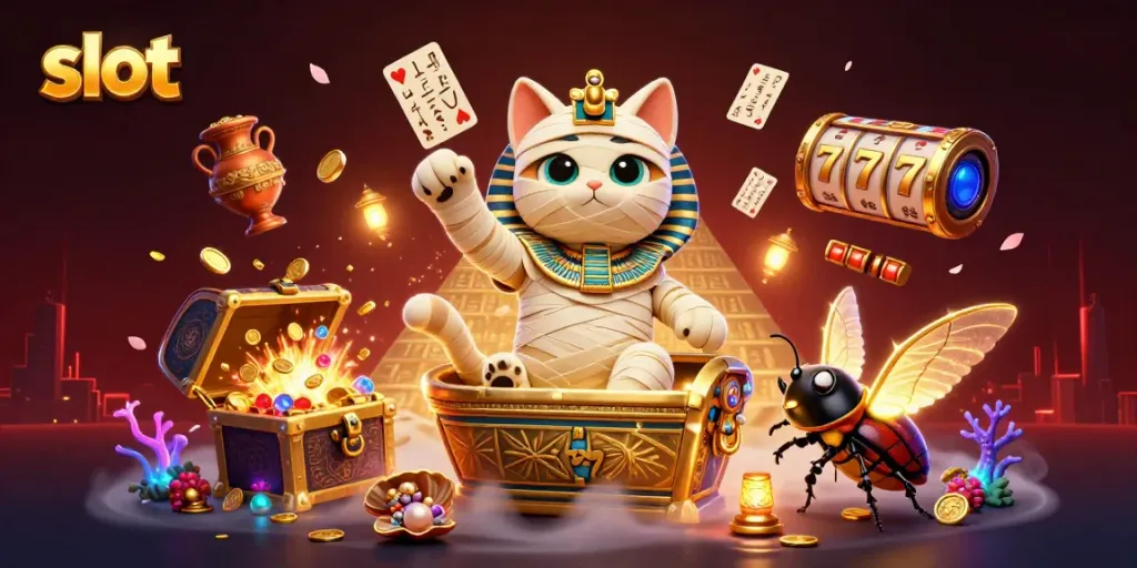 Spin the slot reels with a 3D Egyptian mummy cat and glowing scarab for exciting betting adventures.