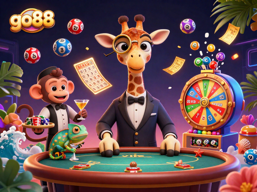 Experience thrilling gaming with go88 featuring a giraffe high-roller at a dynamic casino scene.