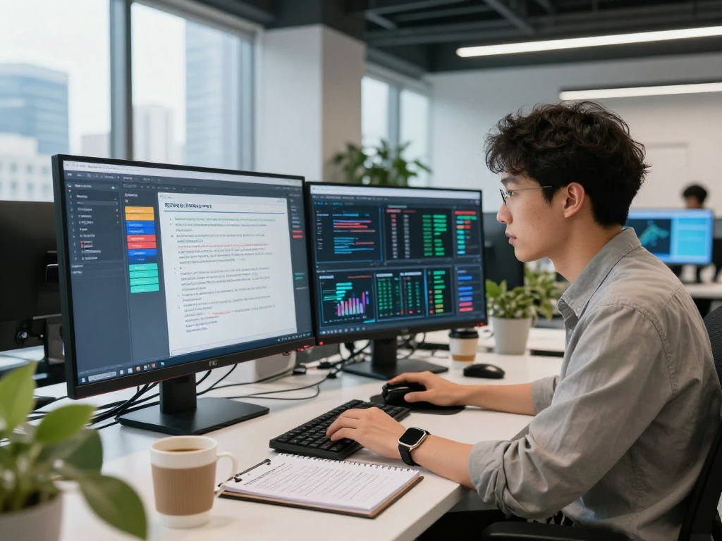 AI-driven document fraud detection analysis in a modern workspace showcasing software interfaces and data insights.