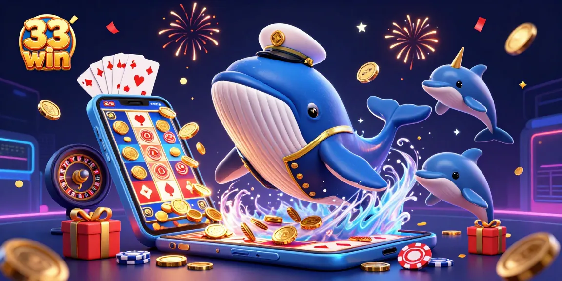 Experience the thrill of 33 win with a lively 3D whale, narwhal, and dolphins amidst coins and gaming elements.