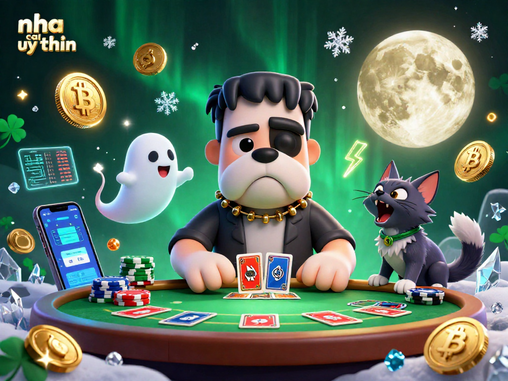 Engage with the thrilling nha cai uy tin scene featuring a whimsical poker game with a Frankenstein bulldog dealing cards and crypto elements.