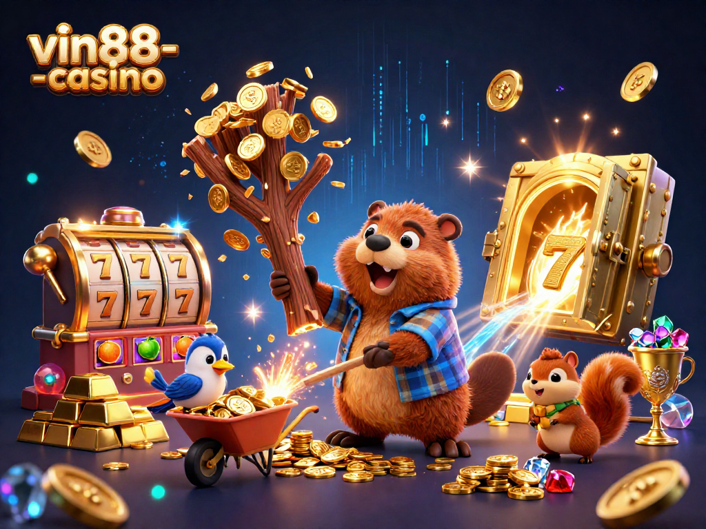 vin88-casino showcases a beaver in a casino scene collecting golden coins surrounded by slot game elements.
