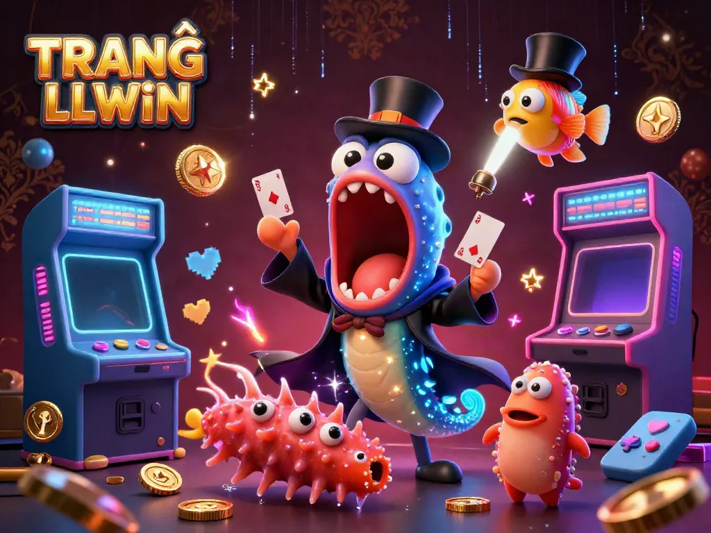 Engage with TRANG CHỦ LLWIN in a dynamic 3D casino scene featuring playful characters and vibrant gaming elements.