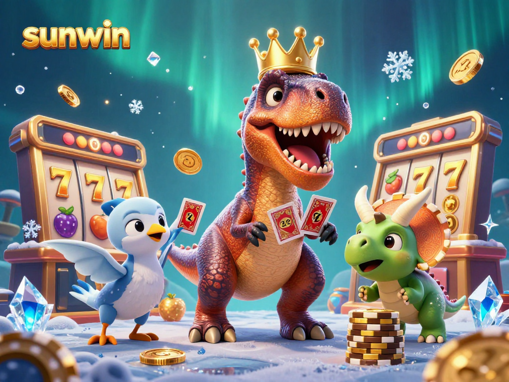 Experience the adventure with sunwin's T-Rex and friends as they play slots in a dynamic illustration.