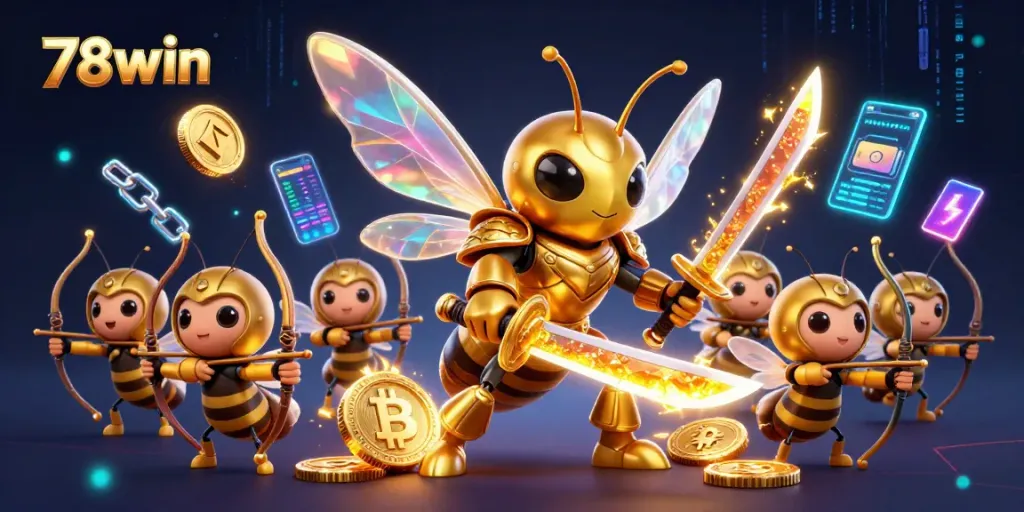 Explore dynamic gameplay with the 78win brand, featuring a vibrant 3D illustration of a golden hornet in action.