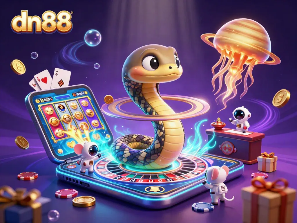 Celebrate wins with dn88's dynamic gaming scene featuring outer space characters and vibrant slot games.
