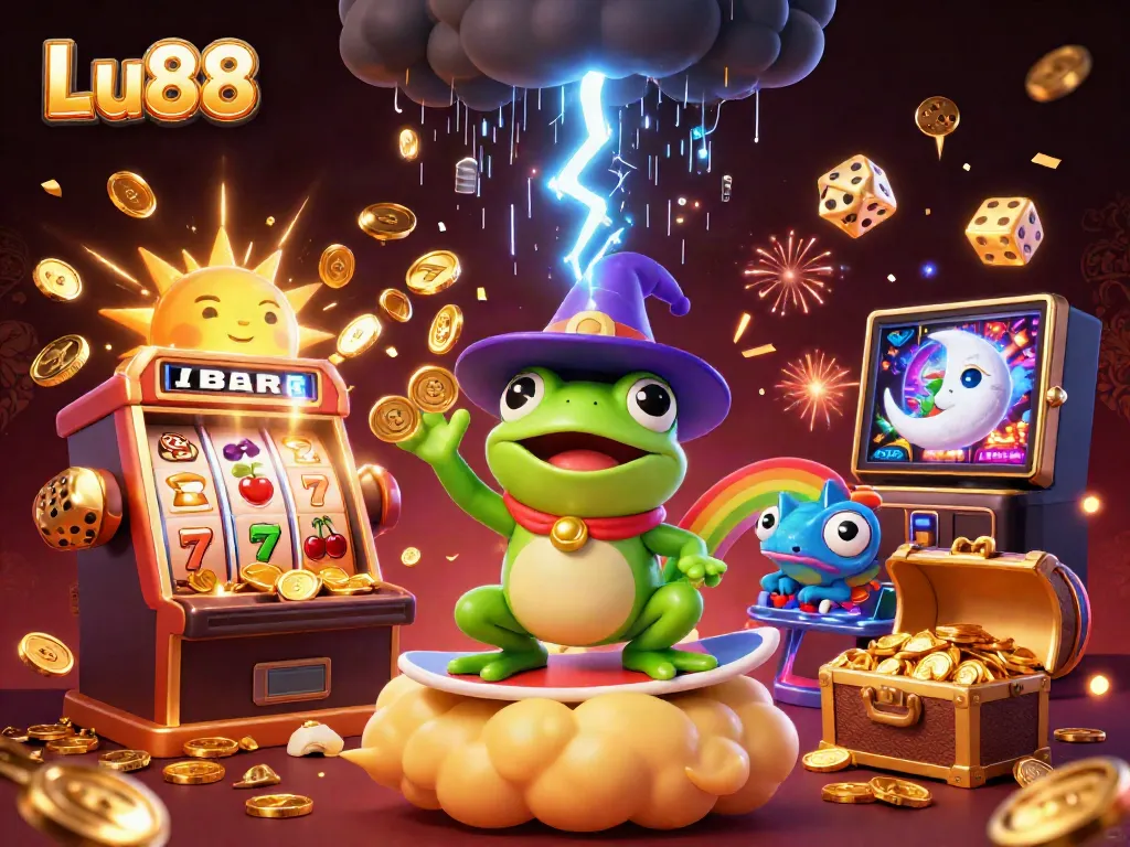 Join the magic at Lu88 with a vibrant scene of golden coins, a weather wizard frog, and jackpot thrills.