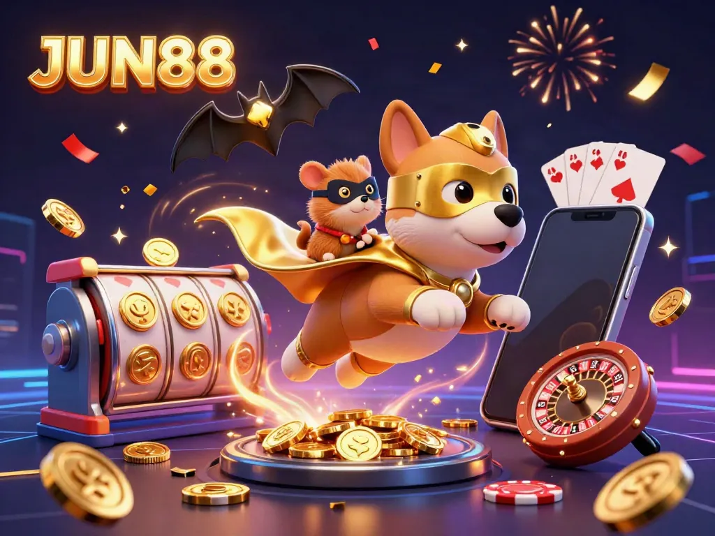 Engage in thrilling adventures with JUN88, featuring a superhero dog flying with gold coins in a vibrant casino scene.