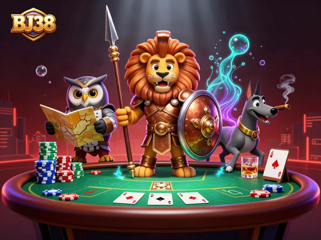 BJ38 showcases a vibrant poker scene with a Spartan lion and tactical owl, perfect for gamblers.