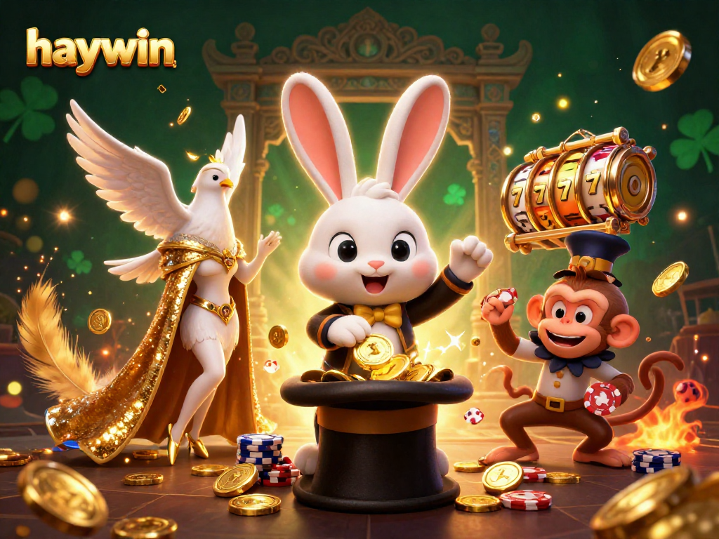Experience the magic of Haywin with a 3D illustration of gambling elements featuring a magician rabbit and vibrant casino effects.