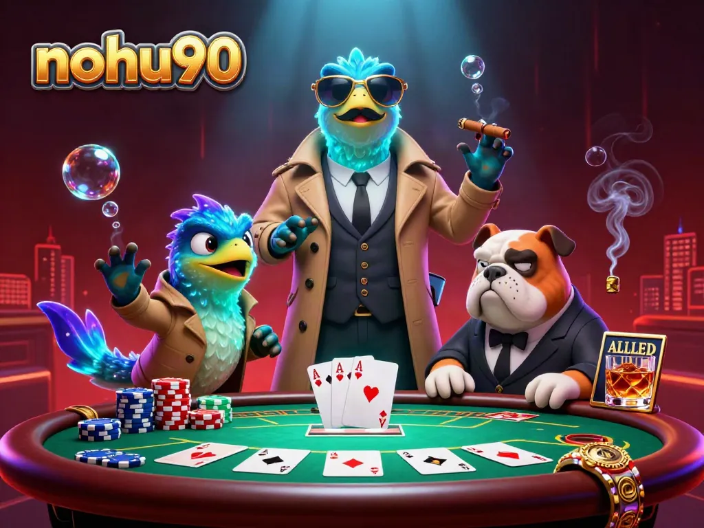 Nohu90 raptors entering a VIP casino, dynamic poker scene with colorful chips and glowing effects