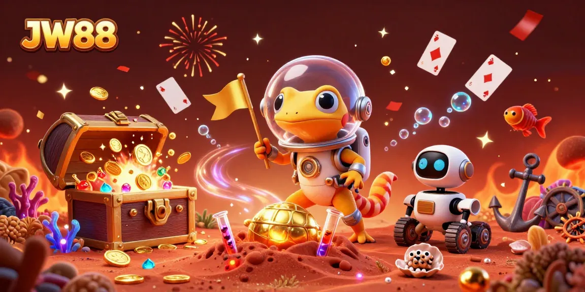 Experience thrilling games at JW88 as alien characters celebrate in a vibrant casino scene