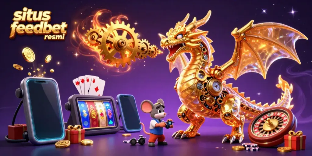 Engage with situs feedbet resmi while enjoying the excitement of an epic golden dragon and colorful casino elements.
