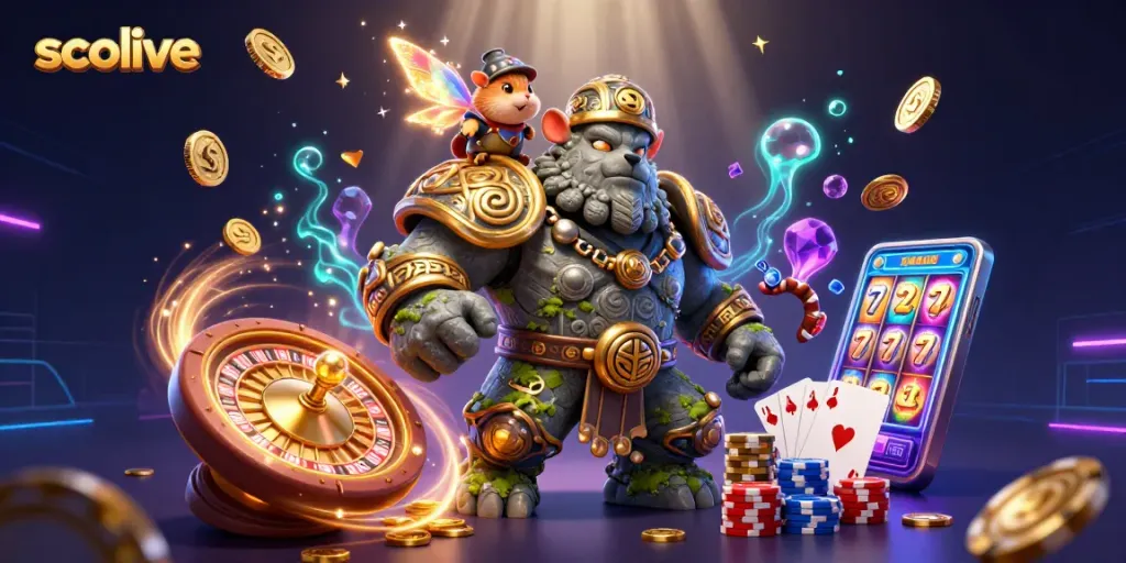 Socolive's dynamic gaming scene showcases a stone golem and fairy among cascading coins, enhancing the online gambling experience.