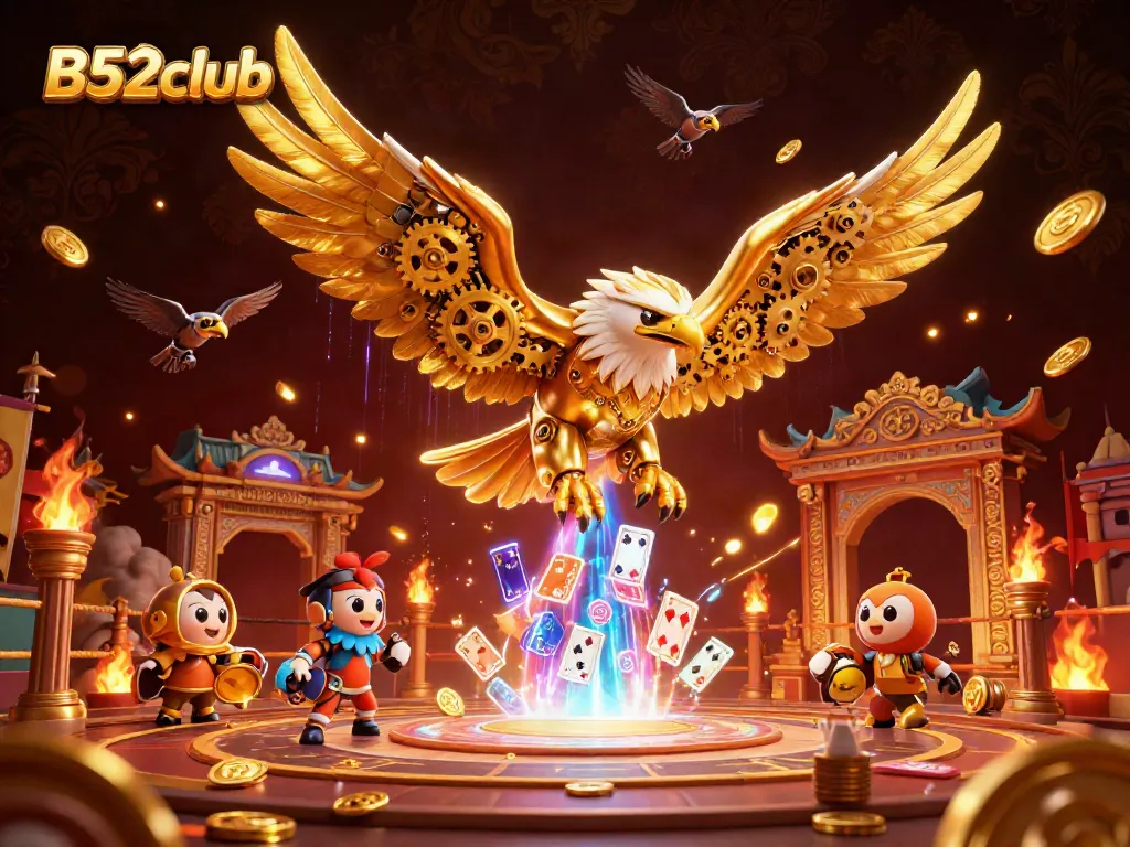 B52club showcases an intense 3D render of a cybernetic eagle amidst vibrant casino-themed elements.