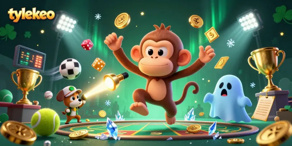 Engage with the dynamic scene of tylekeo featuring a mischievous monkey juggling golden game elements in a lively casino.