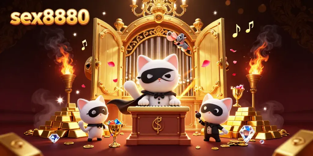 Experience the charm of sex8880 with a vibrant, dynamic casino scene featuring unique characters and rich gold elements.