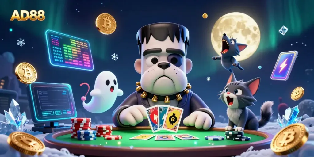 Play with AD88's vibrant, casino-themed characters at a spooky card table.
