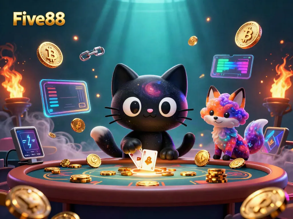 Engage with Five88's cosmic gaming universe featuring a black hole cat and nebula fox.