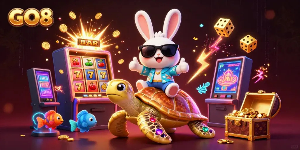 Join the luck with GO8, featuring a lucky rabbit and sea turtle in a vibrant casino scene.