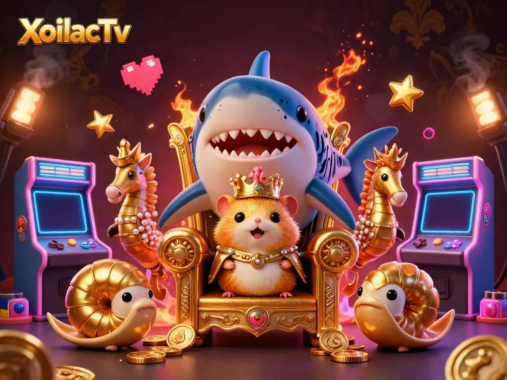 Experience dynamic gaming excitement with XoilacTv's fierce hamster king in a rich, colorful 3D casino scene.