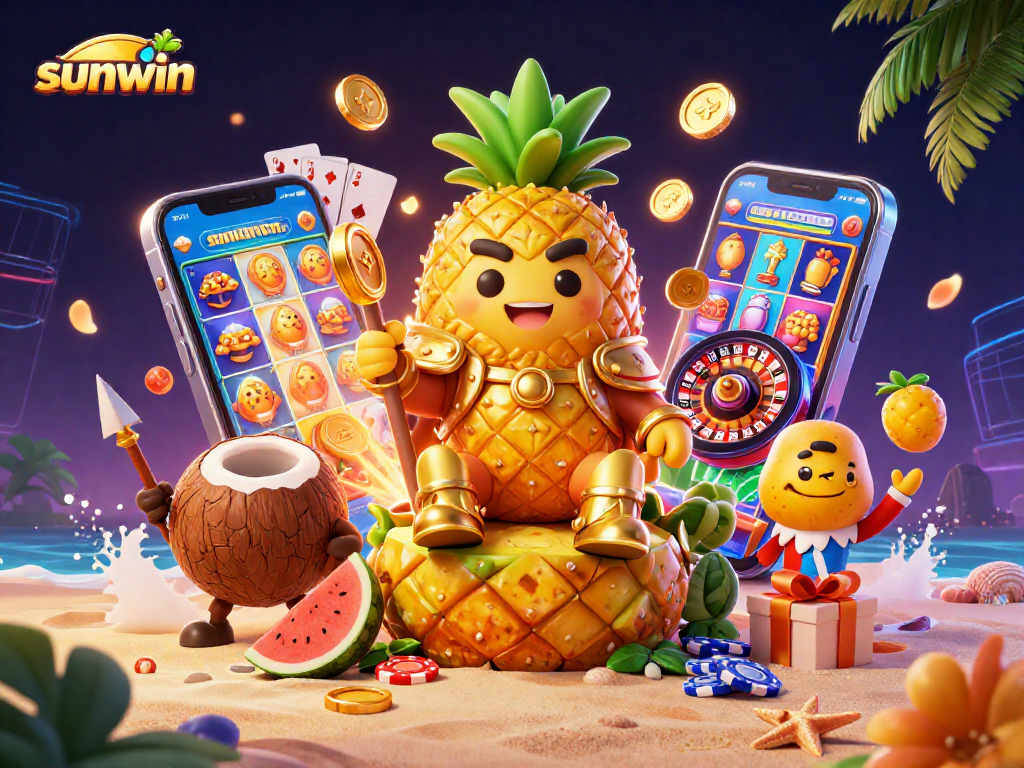 Embrace exciting wins at sunwin with a 3D casino scene featuring a golden pineapple king and vibrant game elements.