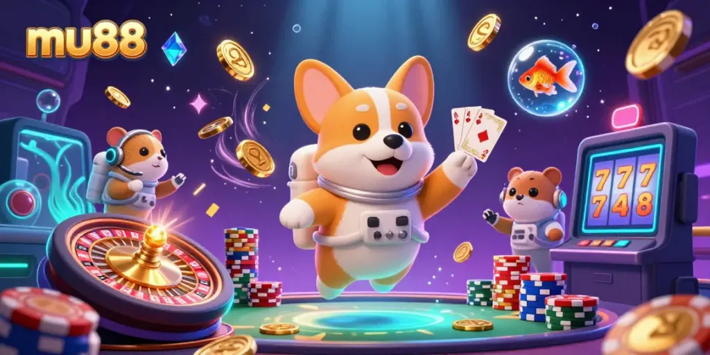 Experience thrilling gameplay at mu88 with an exciting 3D casino scene featuring characters and dynamic elements.