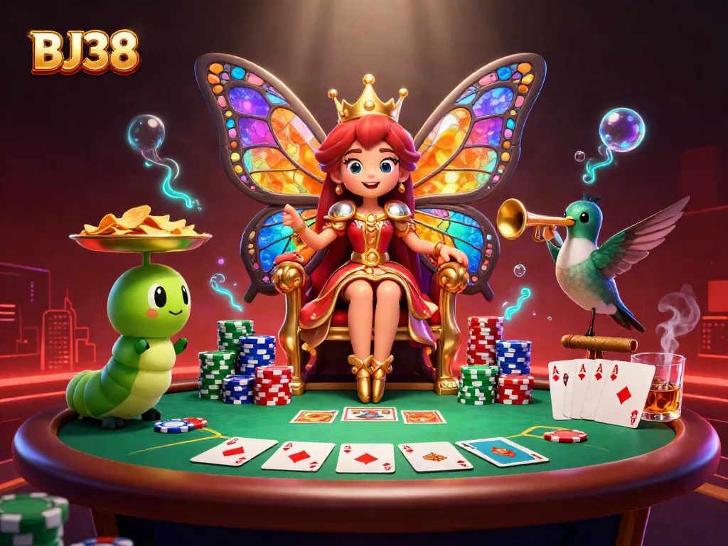 BJ38 showcases an enchanting butterfly queen in a casino setting, enhancing the gaming experience.