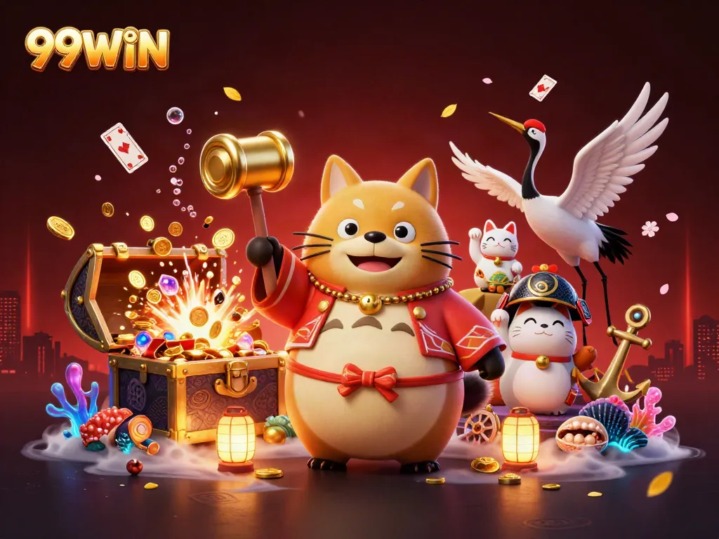 Engage with exciting gameplay at 99WIN featuring a cheerful tanuki and vibrant casino elements.