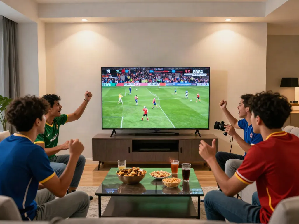 Xoilactv viewers enjoying a live soccer match in a vibrant living room with snacks and excitement.